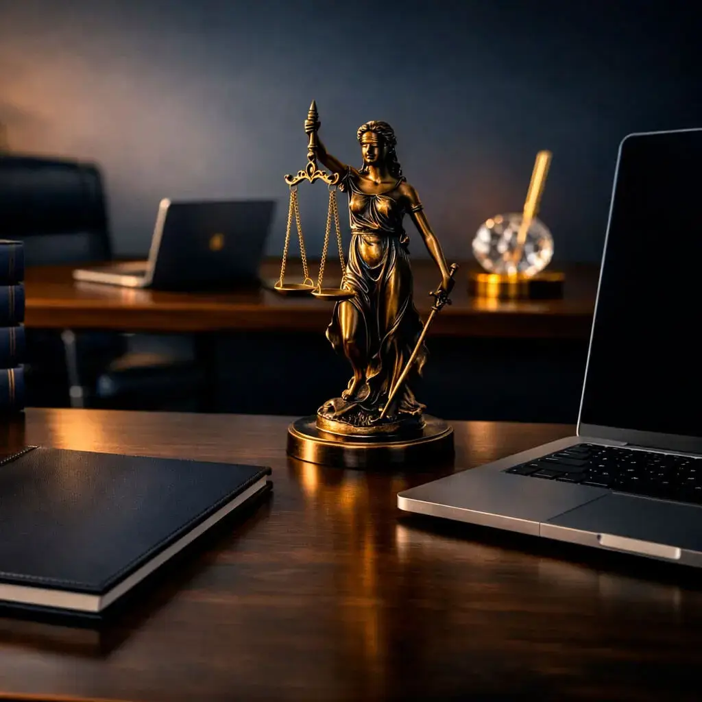Estátua da Justiça entre colunas de mármore, representando um tribunal em estilo grego